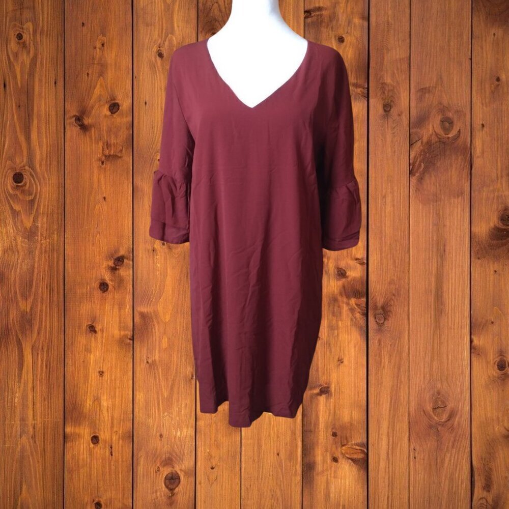 BELONGSCI BURGUNDY V-NECK BELL SLEEVE MINI SHIFT DRESS SIZE LARGE OFFICE PARTY